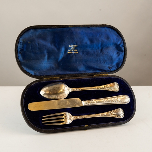 293 - CASED VICTORIAN THREE PIECE EMBOSSED SILVER CHRISTENING SET, RETAILED BY OLLIVANT & BOTSFORD, MA... 