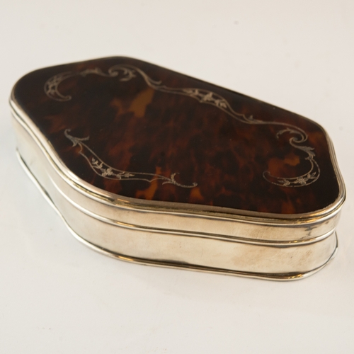 297 - GEORGE V WEIGHTED SILVER TRINKET BOX WITH TORTOISESHELL AND PIQUE WORK COVER, of serpentine fronted ... 