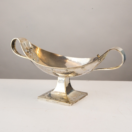 304 - A E JONES FOR GL CONNELL Ltd, ARTS AND CRAFTS COMMEMORATIVE PLANISHED SILVER TWO HANDLED PEDESTAL DI... 