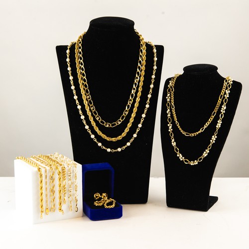 236 - GOLD PLATED JEWELLERY - 14 PIECES, some incorporating imitation pearls, viz 8 bracelets, 5 necklaces... 