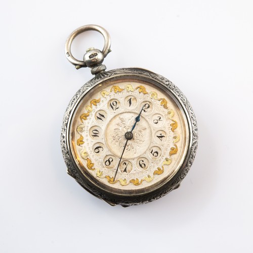 23 - LADY'S VICTORIAN SILVER POCKET WATCH with key wind movement, fancy two-part Arabic dial, floral engr... 