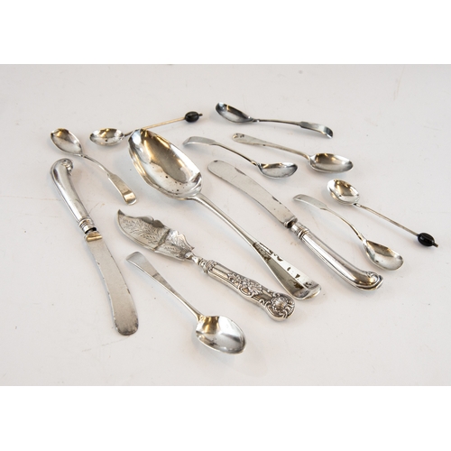 346 - TWELVE PIECES OF GEORGIAN AND LATER SILVER CUTLERY, comprising: TABLE SPOON, marks illegible, SET OF... 