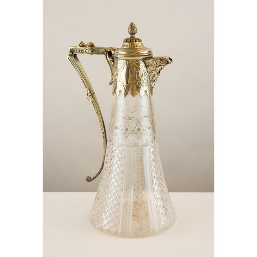 366 - CUT GLASS CLARET JUG WITH ELECTROPLATED COLLAR, COVER AND HANDLE, 11 ½” (29.2cm) high