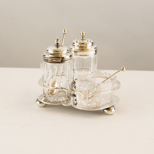 364 - ELECTROPLATED THREE DIVISION CRUET STAND, with rear handle and ball feet, housing a matched open sal... 