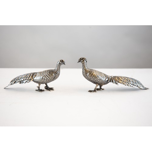 281 - PAIR OF FOREIGN SILVER COLOURED METAL (tests as 935 STANDARD) MODELS OF PHEASANTS, 2 3/4