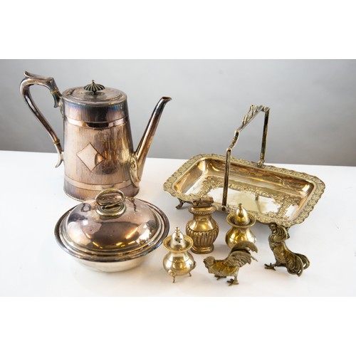 355 - MIXED LOT OF ELECTROPLATE, to include: OBLONG SWING HANDLED CAKE DISH, COFFEE POT, a/f, TWO FILLED M... 