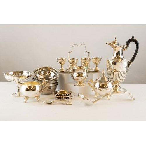 363 - MIXED LOT OF ELECTROPLATE, to include: PEDESTAL COFFEE POT, handle repaired, FOUR PERSON EGG CRUET S... 