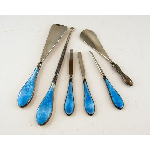 340 - FIVE PIECE SILVER AND PALE BLUE GUILLOCHE ENAMELLED MANICURE SET, with shoe horn, together with ANOT... 