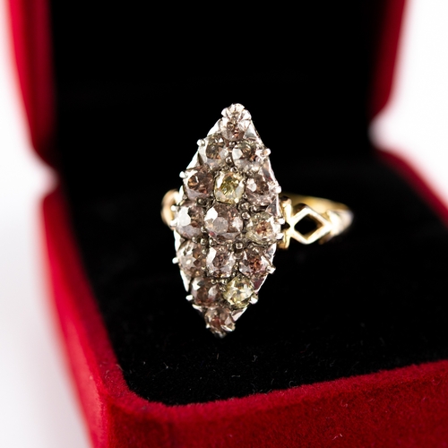 171 - VICTORIAN MARQUISE SHAPED CLUSTER RING set with fifteen old cut round diamonds, 4.4gms, ring size R