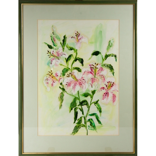 220 - RUTH ROLAND (TWENTIETH CENTURY) MIXED MEDIA ON PAPER‘Dawn’s Lillies’ Signed, titled to label verso 2... 