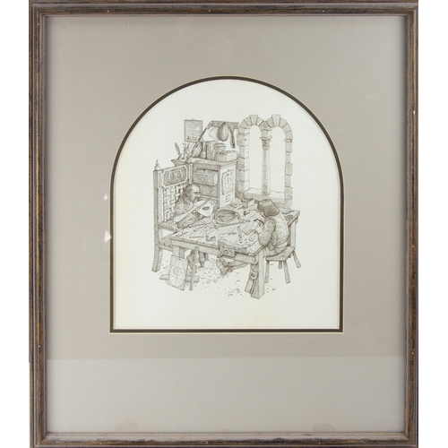 296 - DAVE BOWYER (TWENTIETH CENTURY) ARTIST SIGNED LIMITED EDITION ARCH TOPPED ENGRAVING WITH AQUATINT‘Ne... 