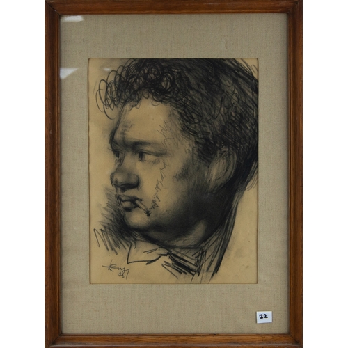 277 - MERVYN LEVY (1915-1996) CHARCOAL ON BUFF COLOURED PAPERShoulder length portrait of Dylan Thomas with... 