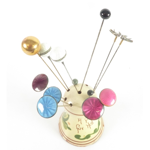 696 - SMALL COLLECTION OF FOURTEEN EARLY 20TH CENTURY HAT PINS, five with hallmarked silver and guilloche ... 