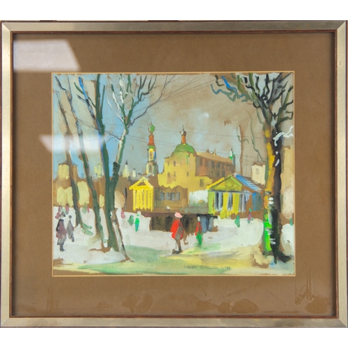 266 - ROBERT BINDLOSS (1939-2019) TWO GOUACHE DRAWINGSStreet scenes with figures Signed 16” x 20” (40.7cm ... 