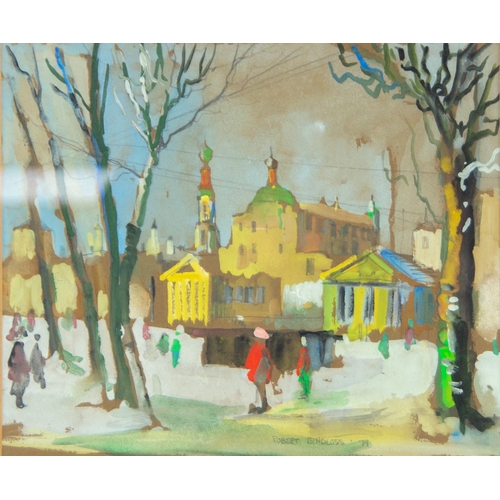 266 - ROBERT BINDLOSS (1939-2019) TWO GOUACHE DRAWINGSStreet scenes with figures Signed 16” x 20” (40.7cm ... 