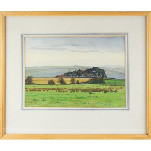 259 - PAT SHARP (TWENTIETH CENTURY) WATERCOLOURExtensive rural landscape with copse of trees Signed and da... 