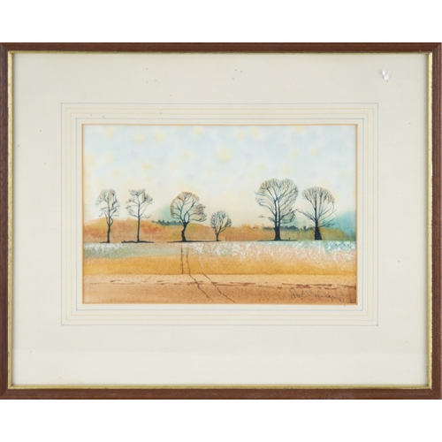 260 - PAT SHARP (TWENTIETH CENTURY) FOUR SMALL WATERCOLOURSTwo rural landscapes, rows of trees Another sma... 