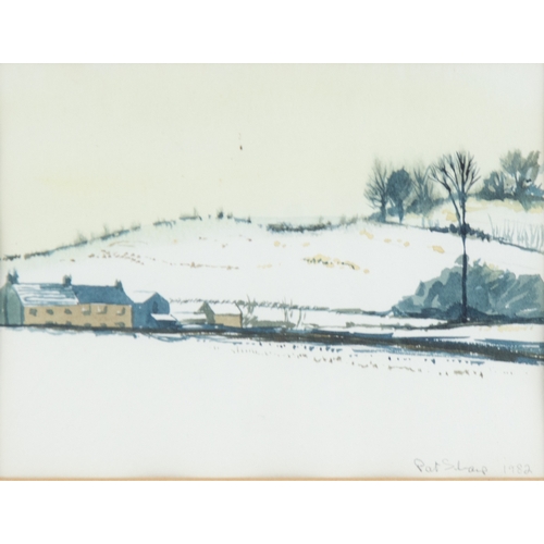 260 - PAT SHARP (TWENTIETH CENTURY) FOUR SMALL WATERCOLOURSTwo rural landscapes, rows of trees Another sma... 