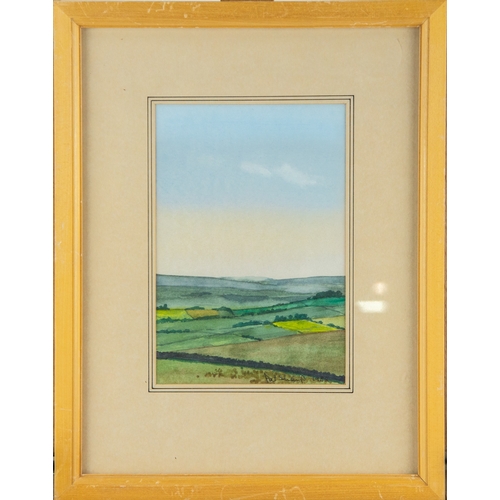 260 - PAT SHARP (TWENTIETH CENTURY) FOUR SMALL WATERCOLOURSTwo rural landscapes, rows of trees Another sma... 