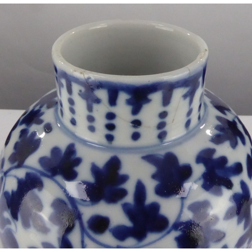 69 - CHINESE BLUE AND WHITE PORCELAIN VASE, of slender ovoid form with short, cylindrical neck, decorated... 