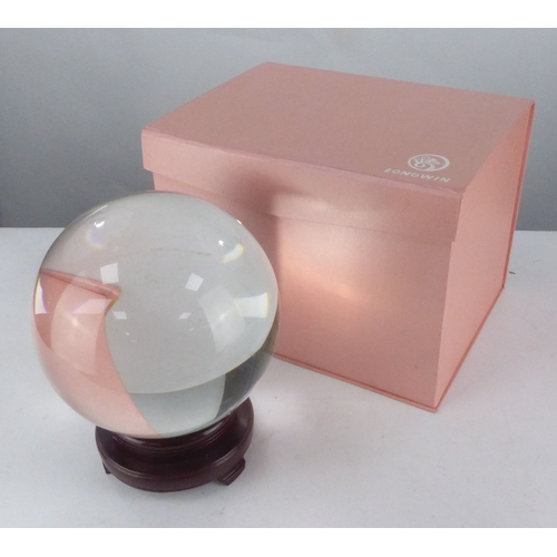 70 - LONGWIN, BOXED, MODERN HEAVY CRYSTAL BALL, 7” (17.8cm) diameter, and the wooden stand