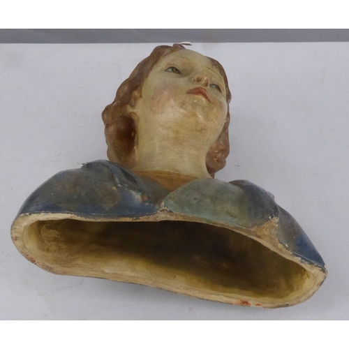 87 - ITALIAN POTTERY BUST, painted in colours and gilt and modelled as a young boy with gilt headband, 8”... 