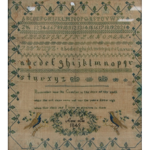 680 - MID-VICTORIAN FINELY STITCHED ALPHABET SAMPLER, also with three rows of religious text above the nam... 