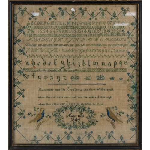 680 - MID-VICTORIAN FINELY STITCHED ALPHABET SAMPLER, also with three rows of religious text above the nam... 