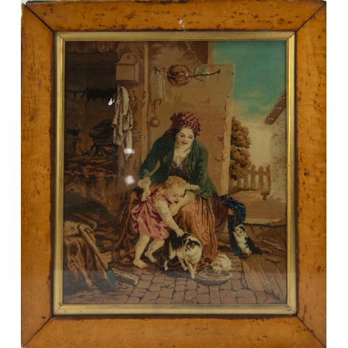 681 - VICTORIAN PLUSH WOOLWORK PICTURE, fireside scene with seated mother, child, cat and kitten on a cobb... 