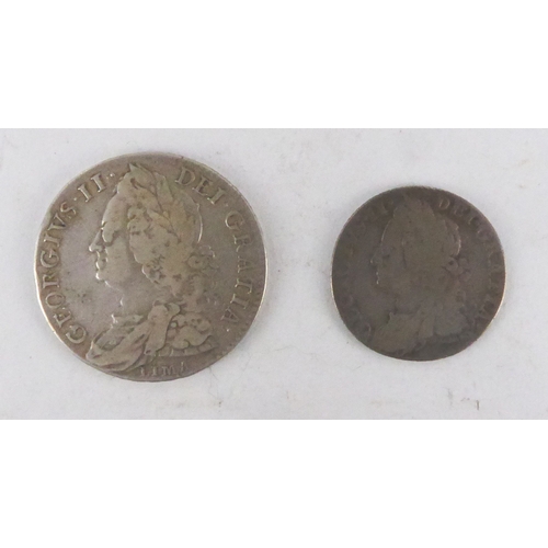 565 - GEORGE II SILVER HALF CROWN LIMA 1746 (F) AND A GEORGE II SILVER SHILLING 1758 (F)  (2) ... 