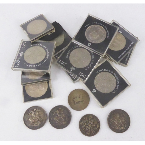 587 - THREE LATE VICTORIAN SILVER CROWNS, A VICTORIAN SILVER DOUBLE FLORIN, TWELVE ELIZABETH II CROWNS and... 