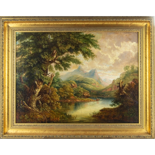 249 - STYLE OF JOHN VARLEY OIL PAINTING ON RE-LINED CANVASRiver landscape with cattle watering in the dist... 