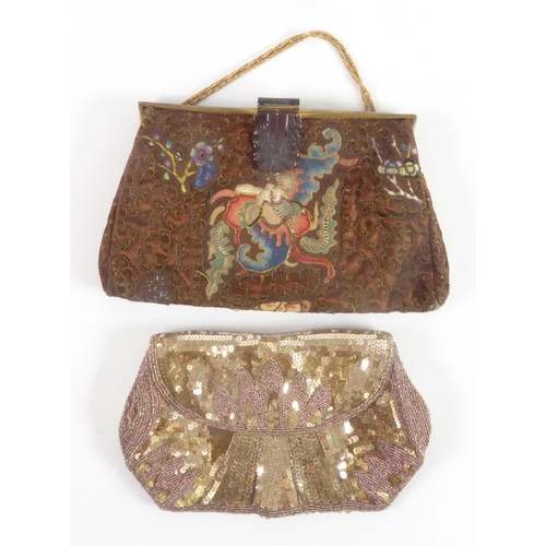 683 - VINTAGE ORIENTAL SILK WORK AND GILT THREAD DECORATED LADY'S BROWN SILK EVENING BAG, gilt metal frame... 