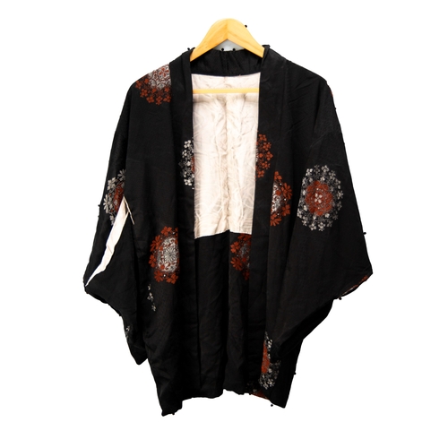 685 - LADY'S JAPANESE KIMONO-STYLE JACKET, black silk with large red and silver embroidered floral decorat... 