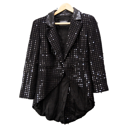 686 - CHANEL LADY'S BLACK WOVEN FABRIC JACKET with all over sequinned decoration, black silk lining