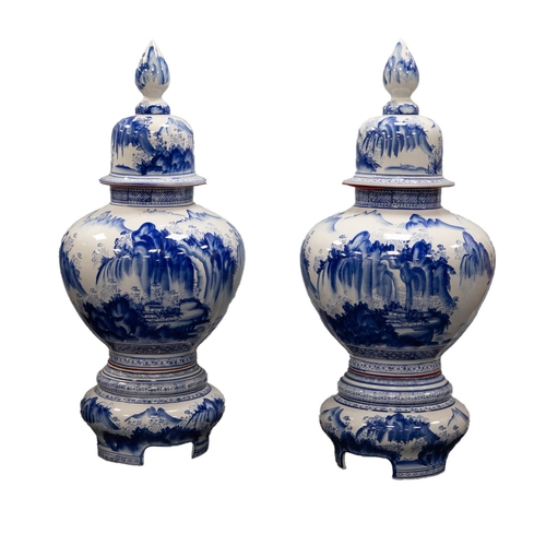 71 - IMPRESSIVE PAIR OF MODERN CHINESE BLUE AND WHITE PORCELAIN VASES WITH STANDS AND COVERS, decorated w... 