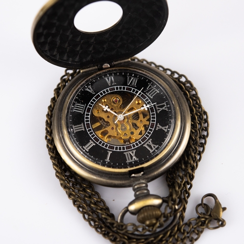 327 - REPRODUCTION METAL CASED DEMI HUNTER POCKET WATCH with keyless movement visible from both back and f... 