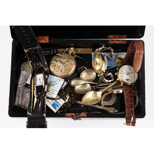 328 - ORIENTAL LACQUER BOX containing FEDERAL CHROMIUM-PLATED POCKET WATCH with keyless movement (working)... 