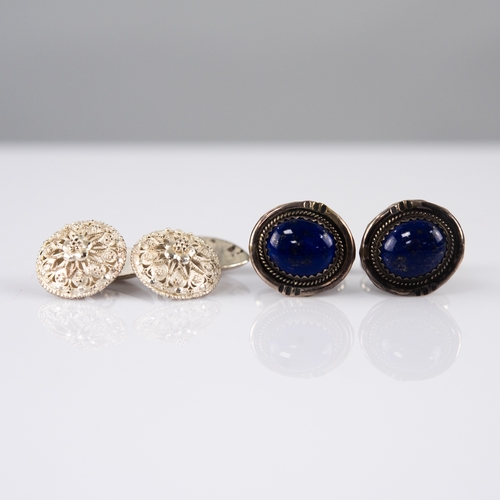 322 - PAIR OF STERLING SILVER AND LAPIS LAZULI OVAL T-BAR CUFF LINKS; A SET OF FOUR MATCHING DRESS STUDS; ... 