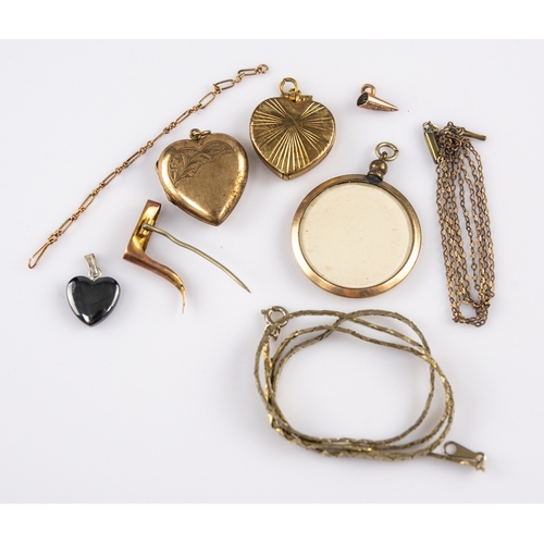 320 - 9ct GOLD MOUNT from a tiger claw brooch; TWO ROLLED GOLD HEART-SHAPED LOCKET PENDANTS; and a CIRCULA... 