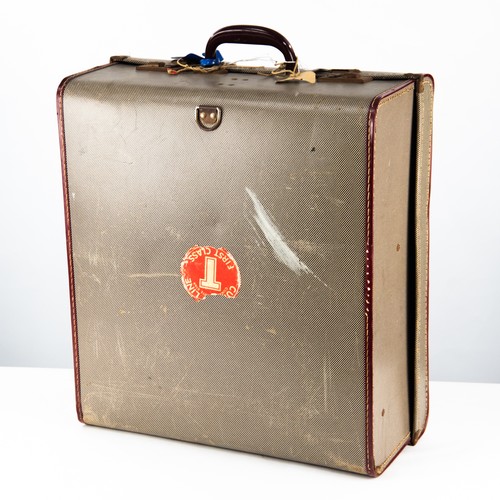 299 - VINTAGE FIBRE SUITCASE with Cunard 'Stateroom' and '1st Class' paper labels