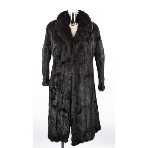 309 - BLACK MINK FULL LENGTH FUR COAT with short revered collar, double breasted hook fastening front, 44