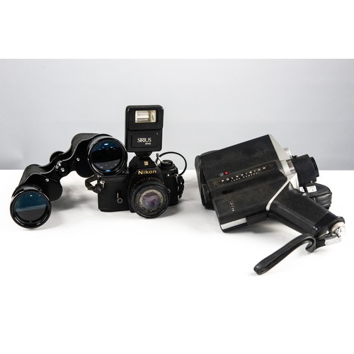 74 - PAIR OF HIGHNESS 16 x 50 MAGNIFICATION BINOCULARS, in leather case; a Nikon EM SLR CAMERA, with flas... 