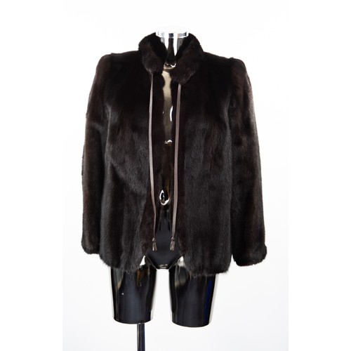 308 - LADY'S BLACK MINK JACKET, with crew neck collar closing with a leather draw-string, single breasted ... 