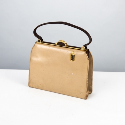 315 - STRAETER - LITE ON - HANDBAG, CIRCA 1950s, MUSHROOM AND BROWN LEATHER WITH GILT METAL FITTED INTERIO... 