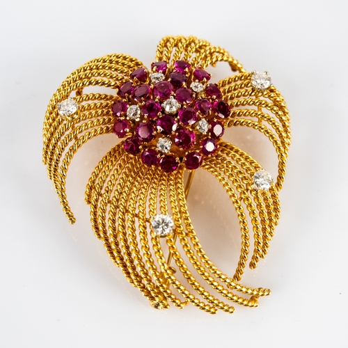 46 - GOLD, DIAMOND AND RUBY BROOCH of irregular whorl pattern with numerous wirework twisted strands eman... 