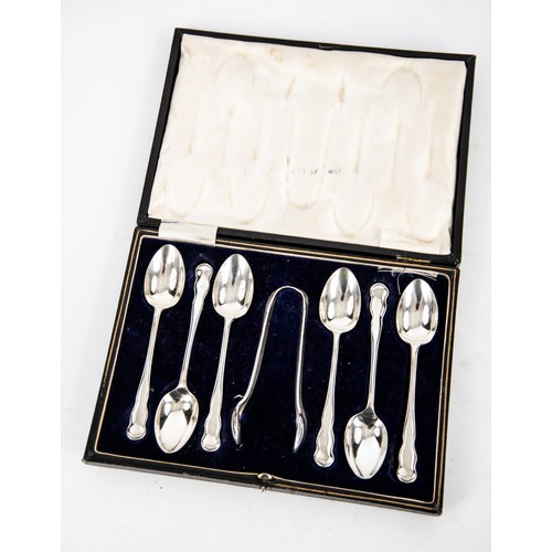 256 - SET OF 6 ELECTROPLATED TEASPOONS and a PAIR OF SUGAR TONGS in case; TWO PAIRS OF SUGAR TONGS; A PRES... 