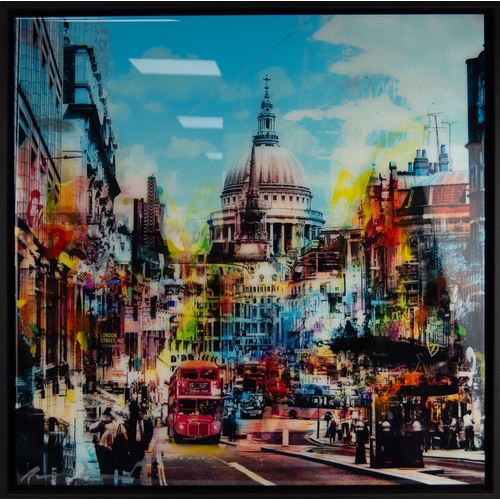 43 - PACO RAPHAEL (b.1975) MIXED MEDIA ON MANUFACTURED BOARD‘Blue Traffic’, London with St Pauls in the b... 