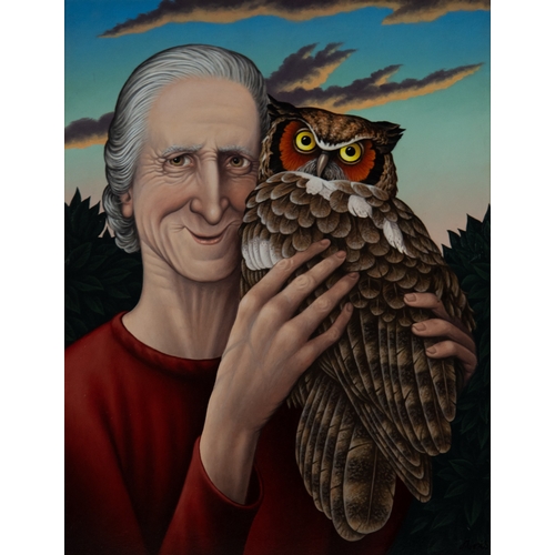 216 - FRED ARIS (1932-2012) OIL PAINTING ON BOARD 'Two Wise Old Birds' (Self Portrait with an Owl) Signed ... 
