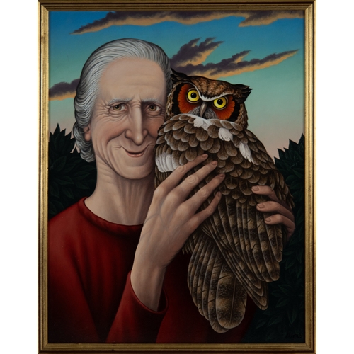 216 - FRED ARIS (1932-2012) OIL PAINTING ON BOARD 'Two Wise Old Birds' (Self Portrait with an Owl) Signed ... 